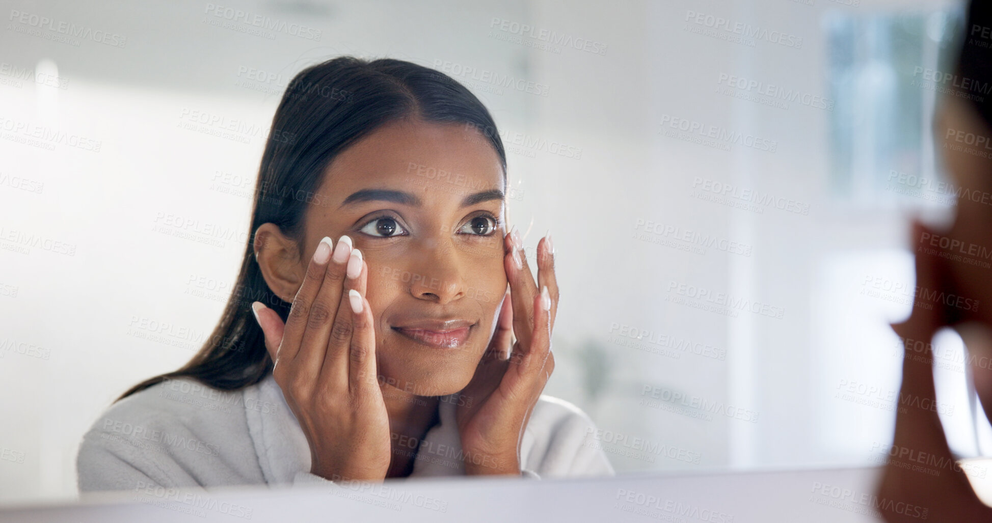 Buy stock photo Mirror, check and woman with skincare in bathroom, grooming results and wellness for beauty aesthetic. Reflection, smile and person with facial inspection for transformation, smooth skin and home