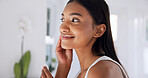 Happy, pad and woman in bathroom for skincare, hygiene or cleaning pores with makeup remover. Smile, female person or cosmetics in home with cotton, facial cleanser and treatment for dermatology glow