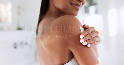 Buy stock photo Woman, shoulder and skincare in bathroom with body lotion, hydration benefits and morning routine. Person, moisturizer and cream application in home for dermatology, beauty or cosmetics for self care