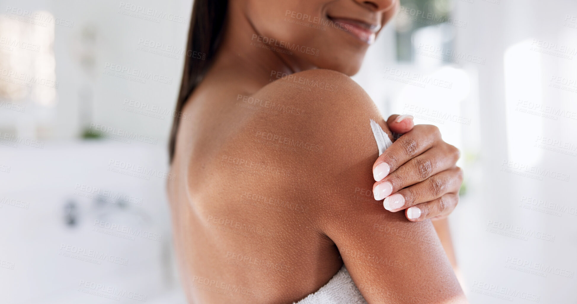 Buy stock photo Woman, shoulder and skincare in bathroom with body lotion, hydration benefits and morning routine. Person, moisturizer and cream application in home for dermatology, beauty or cosmetics for self care