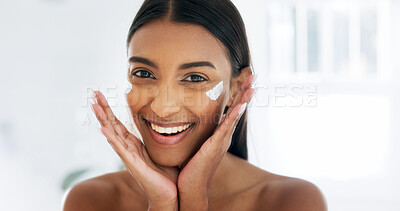Buy stock photo Bathroom, skincare or happy woman with cream for hydration, skin benefits or results with portrait. Smile, person or cosmetic product, lotion or hyaluronic acid moisturizer for natural beauty at home