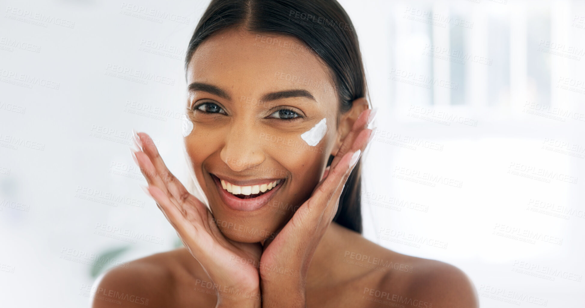 Buy stock photo Bathroom, skincare or happy woman with cream for hydration, skin benefits or results with portrait. Smile, person or cosmetic product, lotion or hyaluronic acid moisturizer for natural beauty at home