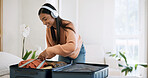 Pack, suitcase and woman with headphones in bedroom, holiday trip and music for travel preparation. Home, streaming playlist and person with organization of vacation luggage, happy and audio tech