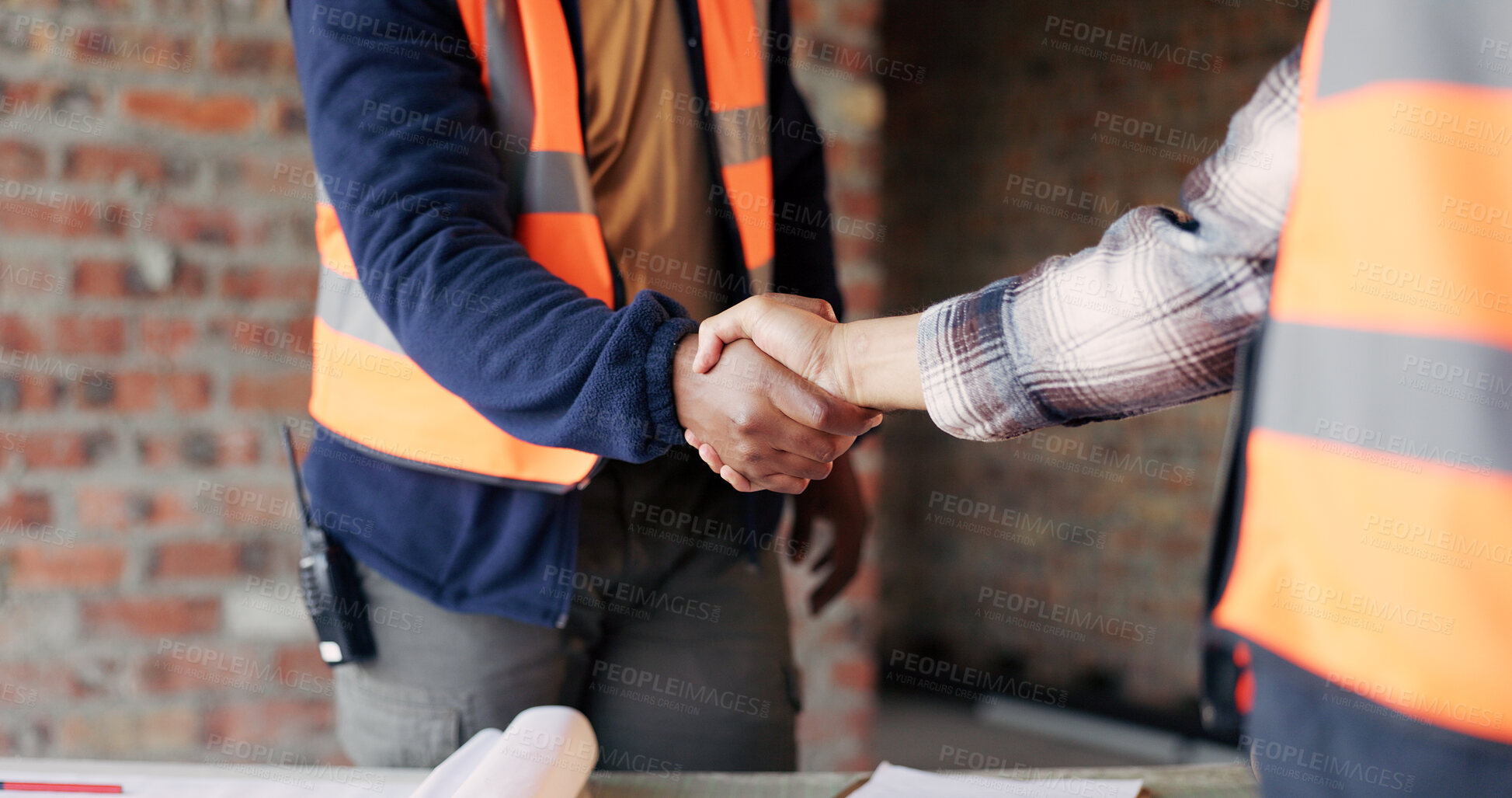 Buy stock photo People, architect or handshake with partnership on construction site for building agreement together. Contractor, team or civil engineer shaking hands with b2b for architecture deal or development