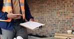 Building, architecture and hands with clipboard for project, explaining and site inspection updates. Construction, civil engineer and person with checklist for home improvement and quality control