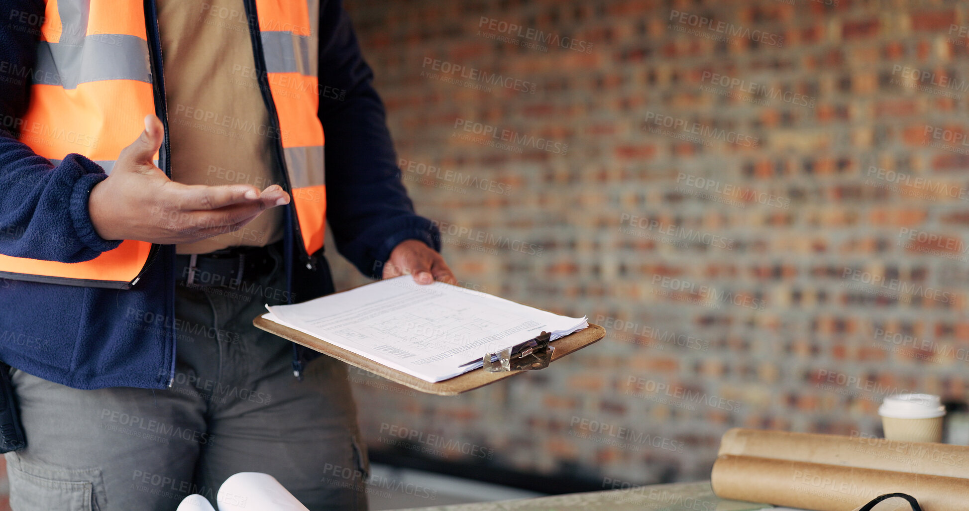 Buy stock photo Building, architecture and hands with clipboard for project, explaining and site inspection updates. Construction, civil engineer and person with checklist for home improvement and quality control
