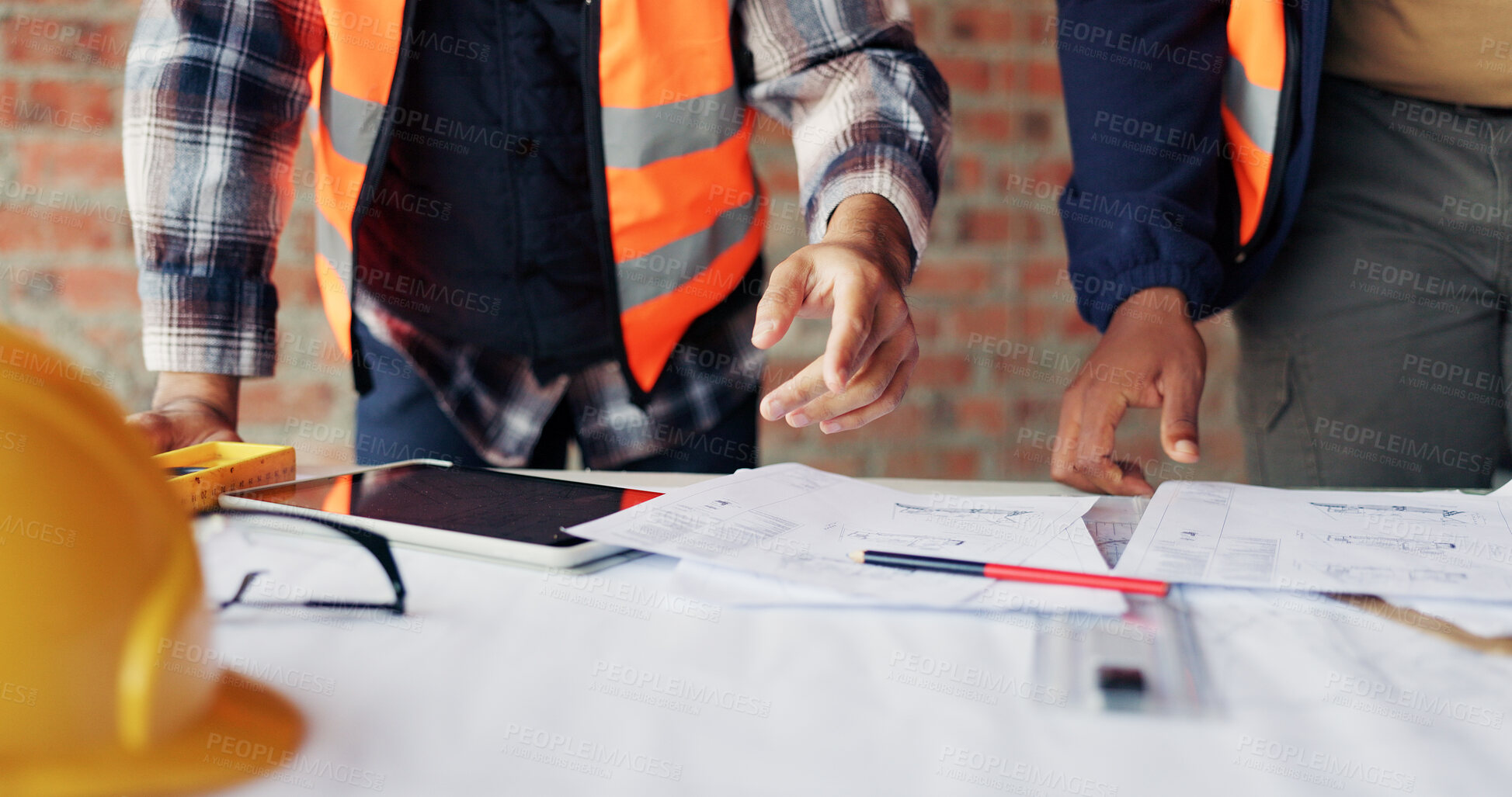 Buy stock photo Planning, meeting and hands with blueprint for construction, renovation draft and upgrade strategy. Review, people and architect team with building schematic for remodel, engineering and pointing
