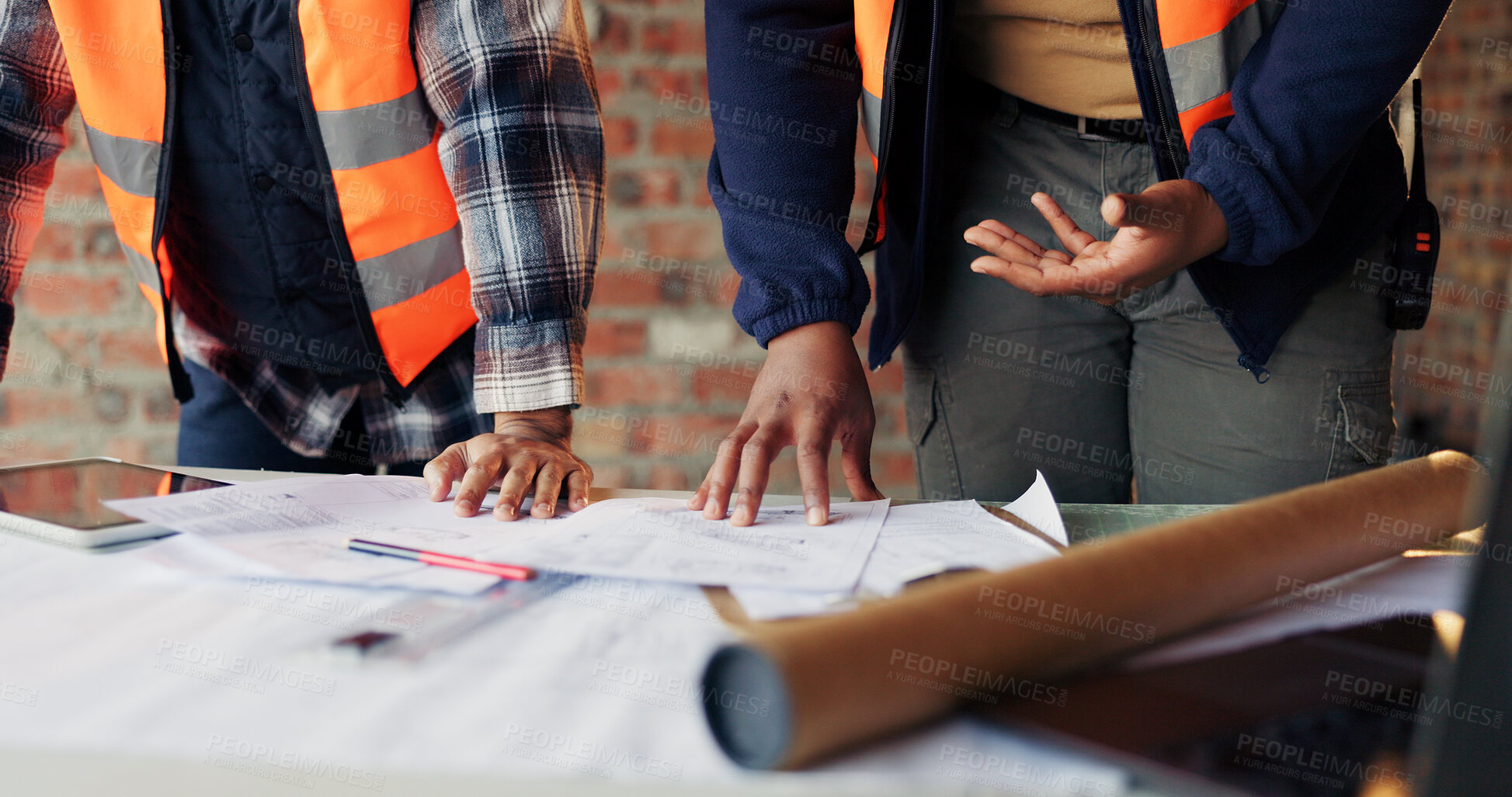 Buy stock photo Architect, ideas and hands with paperwork in construction site, discussion and property development. Civil engineer, teamwork and people with documents for architecture, planning and collaboration