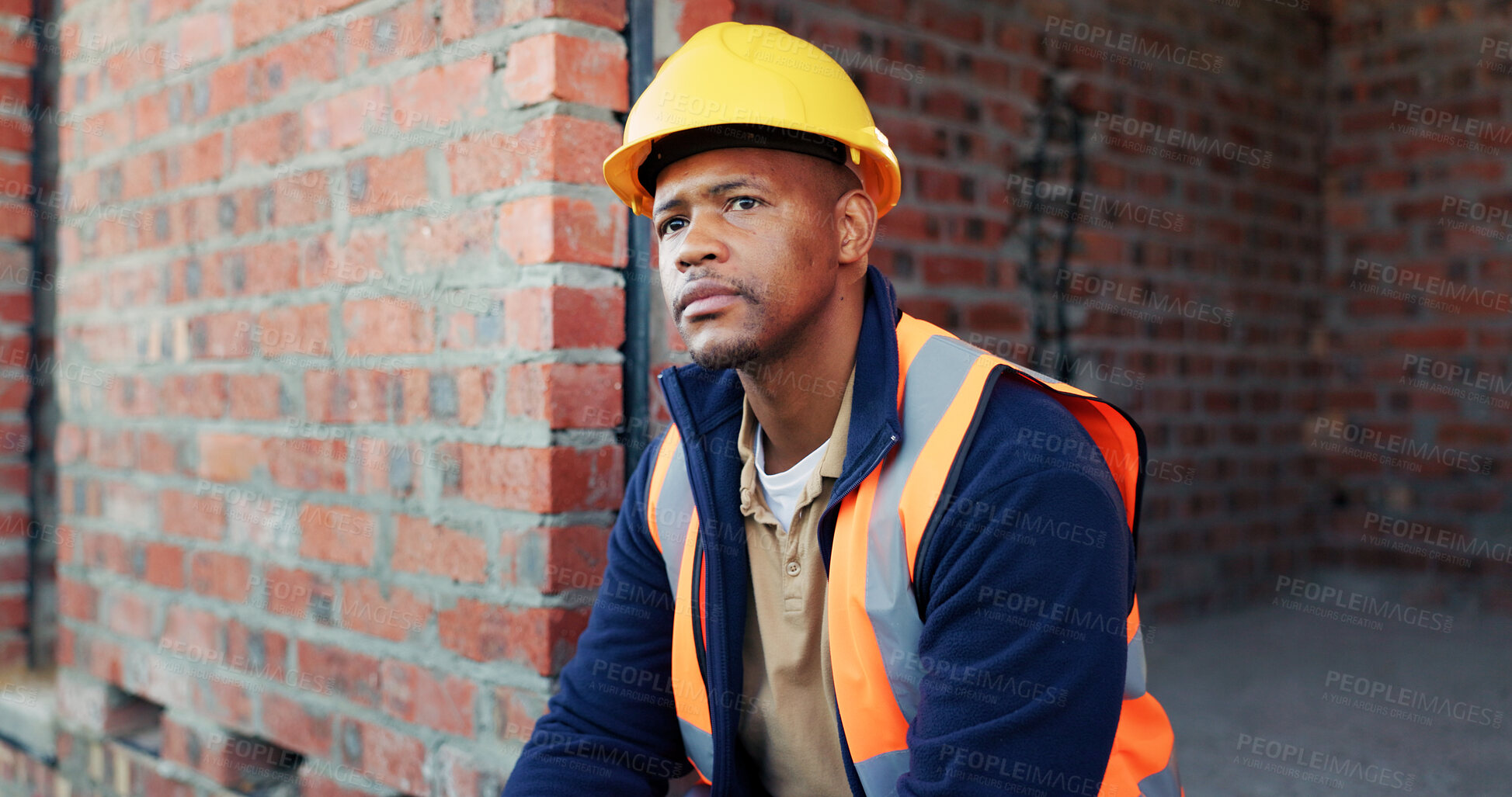 Buy stock photo Construction site, thinking and black man with idea, engineering and reflection for quality control. Safety, risk assessment and person with maintenance, compliance and property for development