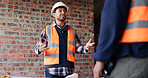 Architect, teamwork and men with ideas in construction site, talk and plan for property development. Civil engineer, paperwork and people with document for architecture, discussion and collaboration