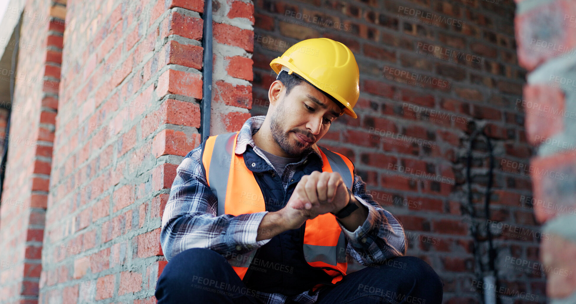 Buy stock photo Watch, man and construction worker on site with late inspection for building or maintenance. Time management, planning and male civil engineer with deadline schedule for repairs on infrastructure.