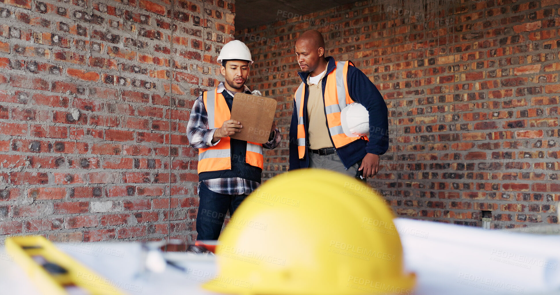 Buy stock photo Planning, team and architect with checklist in building, risk management and construction site audit. Clipboard, people and safety officer with hazard control report, staff protection and evaluation