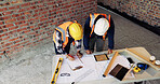 Planning, meeting or people with document for construction, renovation draft or floor plan review. Above, architect or team with building codes for engineering, property checklist or tablet screen