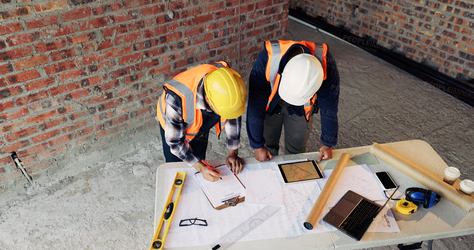 Buy stock photo Planning, meeting or people with document for construction, renovation draft or floor plan review. Above, architect or team with building codes for engineering, property checklist or tablet screen
