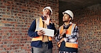 Engineer, inspection and people at construction site with tablet, discussion or check building safety. Space, engineering team and talk with tech for quality assurance, project and collaboration.