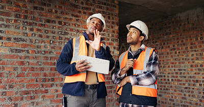Buy stock photo Engineer, inspection and people at construction site with tablet, discussion or check building safety. Space, engineering team and talk with tech for quality assurance, project and collaboration.