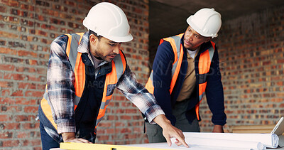 Buy stock photo Architect, teamwork and men with blueprint in building, talking or planning for property development. Civil engineer, collaboration and people with document for architecture, discussion and meeting