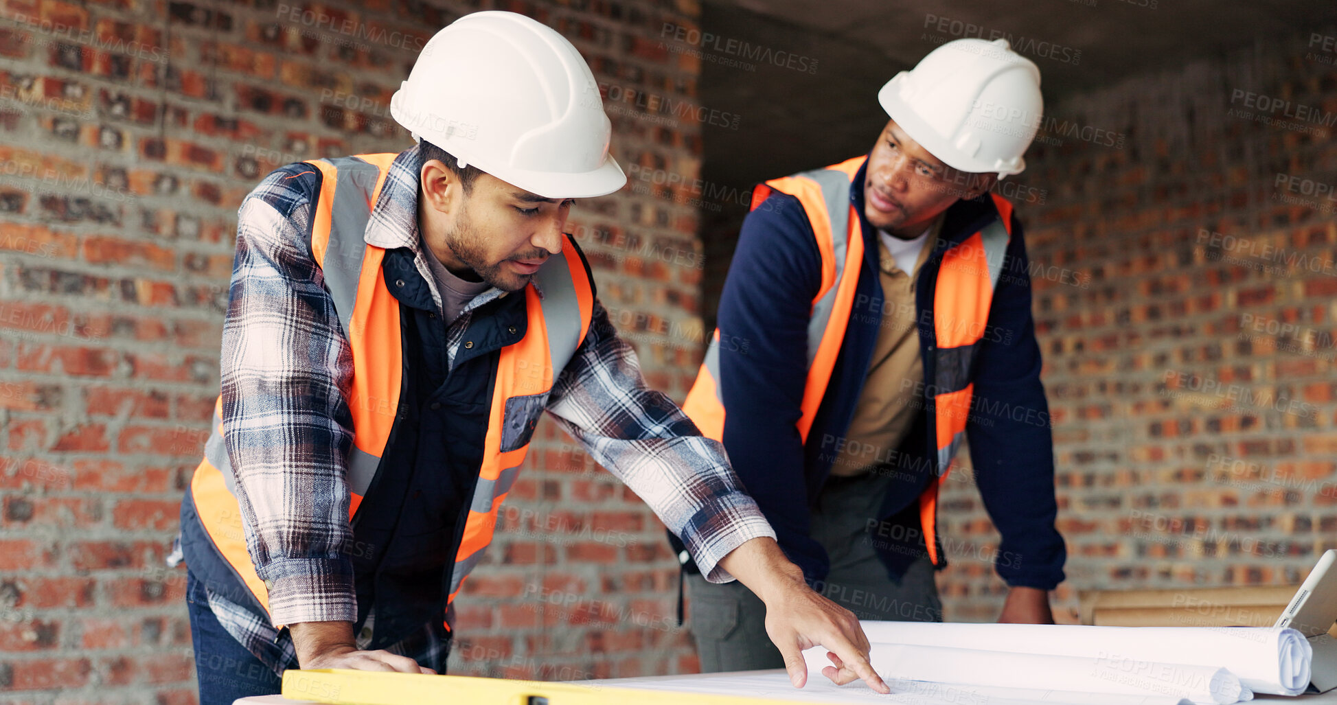 Buy stock photo Architect, teamwork and men with blueprint in building, talking or planning for property development. Civil engineer, collaboration and people with document for architecture, discussion and meeting