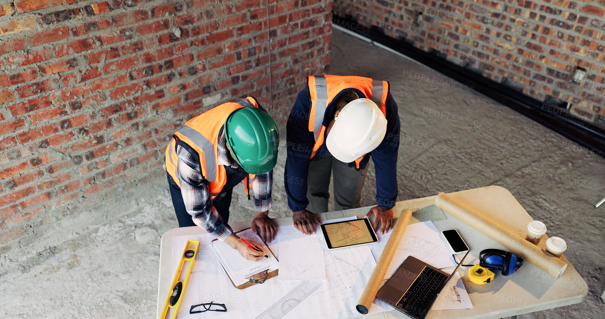 Buy stock photo Construction, tablet and team with checklist on blueprint for building tasks, site compliance or above. Architecture, writing or men with clipboard for project timeline, safety inspection or progress
