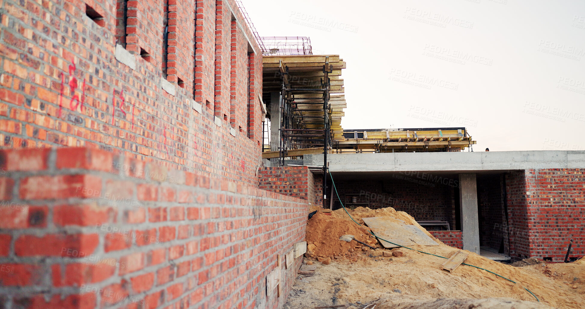 Buy stock photo Material, house and real estate project for construction, development and home renovation. Property, brick wall and architecture with structure, building and suburban improvement or engineering