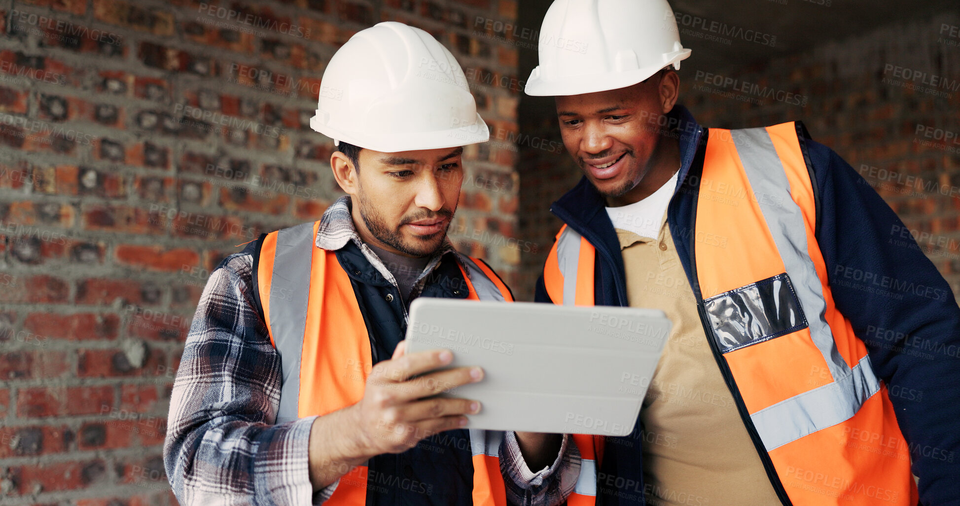 Buy stock photo Architect, people and research at construction site with tablet, building design and collaboration. Men, smile and architecture review with tech, quality assurance and partnership for infrastructure.