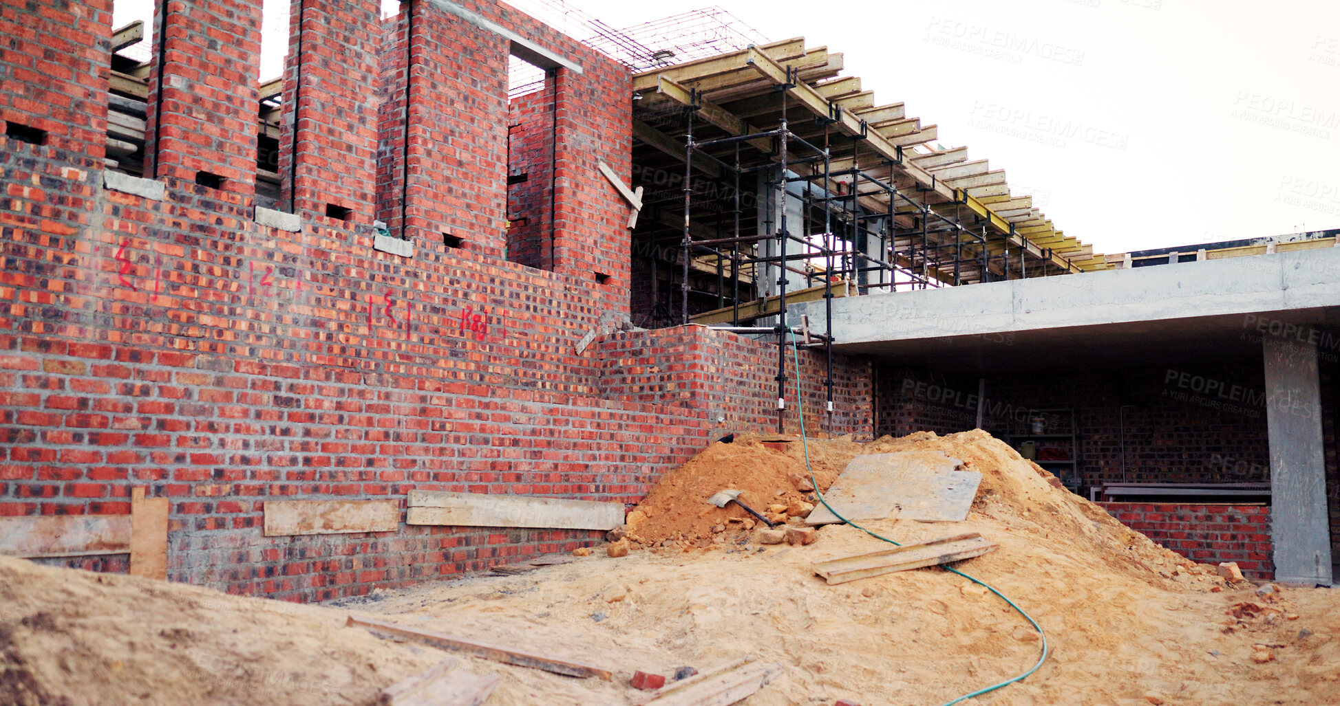 Buy stock photo Infrastructure, house and real estate project for construction, development and home renovation. Property, brick wall and architecture with structure, building and suburban improvement or engineering