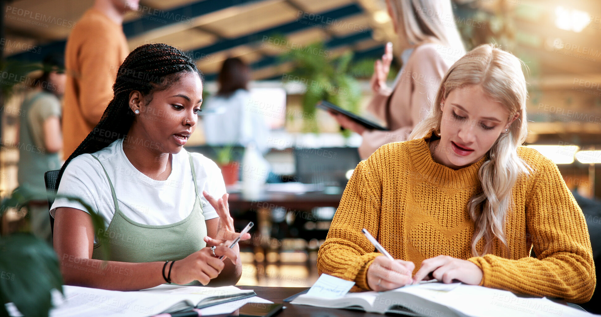 Buy stock photo Students, friends and education in college, writing and help with study tips for exam preparation. Women, university and learning together with notes, course book and knowledge for assignment project