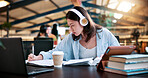 Woman, student and writing with headphones in library or university study for education or learning. Female person, academic learner or listening with book for audio translation or online assignment