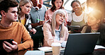 Education, laptop and teacher with students in library for feedback, development or study. Computer, learning and university with woman speaking to people on college campus for assessment solution