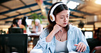 Woman, student and reading with headphones in library or university study for education or learning. Female person, academic learner or listening with book for audio translation, research or language