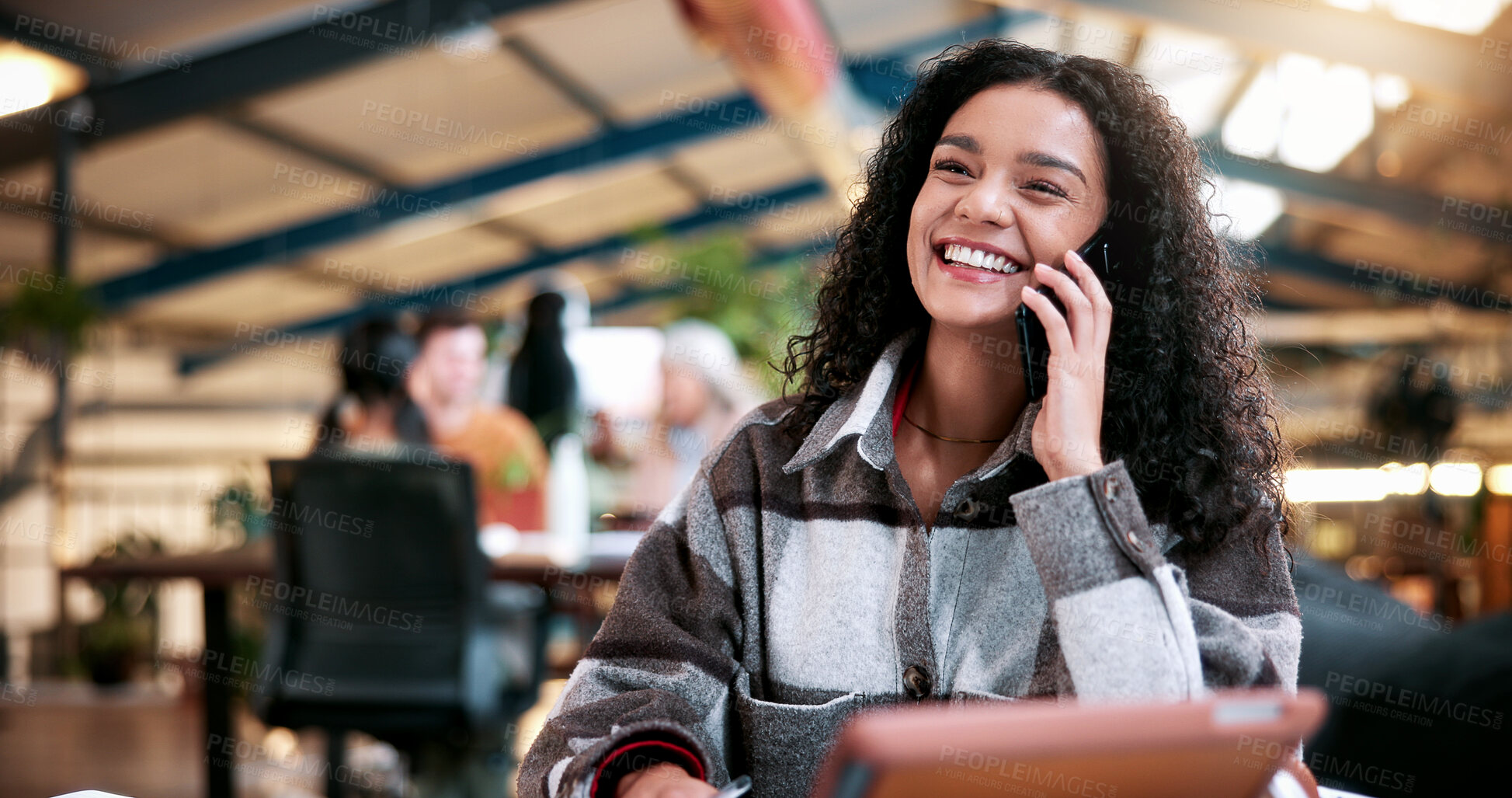 Buy stock photo Smile, student and woman with phone call at campus for education, inquiry and feedback on funding. Happy, discussion and person at school with mobile, scholarship and university for exchange program