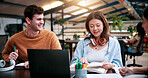 People, laptop and creative feedback in office with document for update, report and interior designer project. Business team, brainstorming and collaboration with tech, discussion and partnership