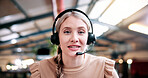 Headset, online class and portrait of woman in library for video call, knowledge or elearning at college. Talk, mic and female student on virtual lesson for education with scholarship at university.