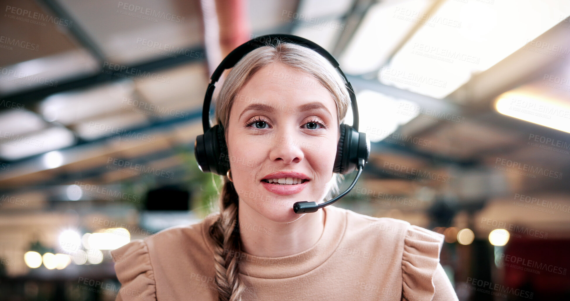 Buy stock photo Headset, online class and portrait of woman in library for video call, knowledge or elearning at college. Talk, mic and female student on virtual lesson for education with scholarship at university.