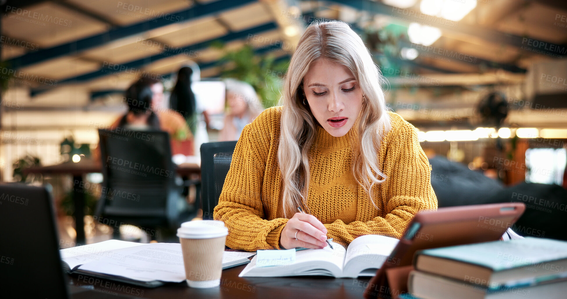 Buy stock photo Study, notes and college student with books, exam knowledge or research for assignment. Education, academy or woman at campus with writing, university thesis or literature revision for assessment.