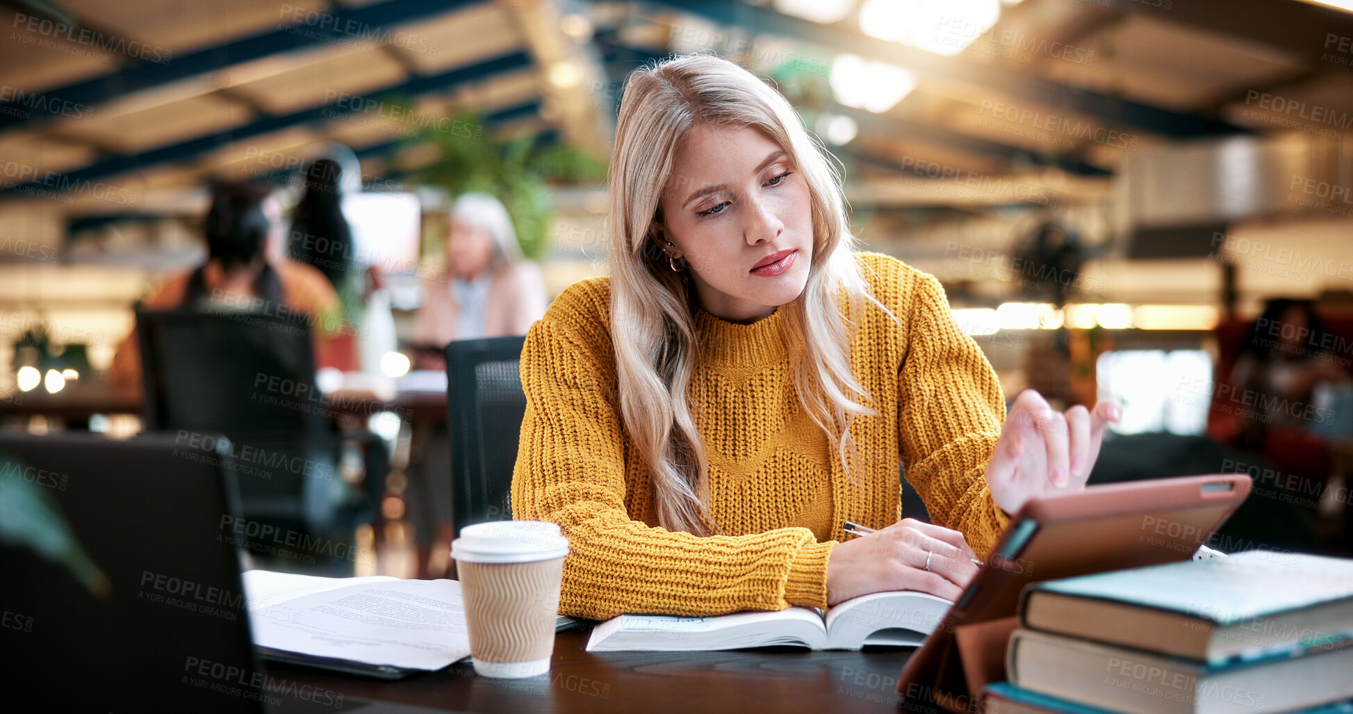 Buy stock photo University student, girl and study on tablet in library for thesis research, search citation or info. College, books and person with tech on campus for academic database, source notes and education