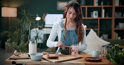 Buy stock photo Holistic, woman and whisk matcha in home for green tea, organic beverage and preparation. Health, person and mixing bowl for plant based drink, recipe process and herbal ingredients for antioxidant