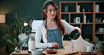 Health, woman and prepare matcha in home for wellness, organic beverage and pour ingredient. Nutrition, girl and recipe process in house for plant based drink, green tea and morning routine for diet
