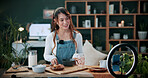 Vlog, phone and happy woman with drink for tutorial, diet or herbal beverage recipe in home. Female person, influencer or smile with natural ingredients, ring light or smartphone for online guide