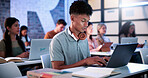 Typing, students and man with laptop in classroom, college course notes and learning for development. Education, academic research or scholar with pc for online assessment, studying or planning essay
