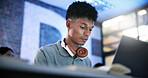 Student, man and research in college with laptop, education and study for computer science course. Bokeh, person and coding at university with tech, IT assignment or learning programming for project.