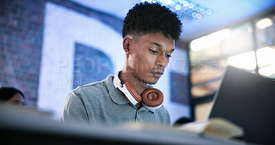 Buy stock photo Student, man and research in college with laptop, education and study for computer science course. Bokeh, person and coding at university with tech, IT assignment or learning programming for project.
