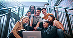 College, students and selfie on stairs with tablet, peace sign or study group bonding for education. University, happy people and picture on campus steps with tech, v gesture or memories for friends.