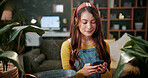 Plants, reading or woman with phone in home, gardening forum or internet search for conservation tips. Review, smile or florist with mobile for horticulture blog, care instructions or botany advice