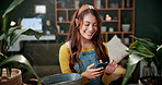 Plants, reading or woman with phone in house, gardening forum or internet search for conservation tips. Review, smile or florist with mobile for horticulture blog, care instructions or botany advice