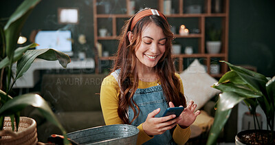 Buy stock photo Plants, reading or woman with phone in house, gardening forum or internet search for conservation tips. Review, smile or florist with mobile for horticulture blog, care instructions or botany advice