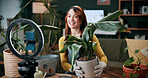 Gardening, woman and plants in home with ring light, phone recording video and social media influencer. Happy person, talk and content creation with greenery, horticulture advice and live streaming.