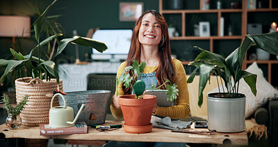 Buy stock photo Portrait, botany and woman with tablet in home for potted plant, blog and growth for horticulture. Feng shui, botanist and gardener with tech for eco friendly, decoration and organic living room