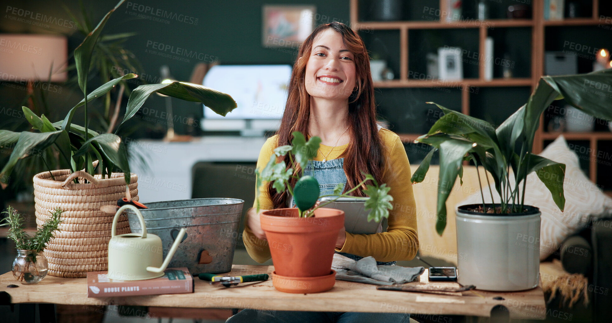 Buy stock photo Portrait, botany and woman with tablet in home for potted plant, blog and growth for horticulture. Feng shui, botanist and gardener with tech for eco friendly, decoration and organic living room