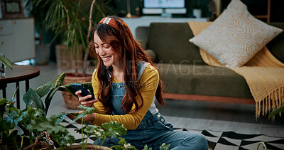Buy stock photo Picture, plants or woman in home with phone, greenery post or gardening blog in remote work. Happy, freelancer or journalist with tech, horticulture or growth photography for botanical article.